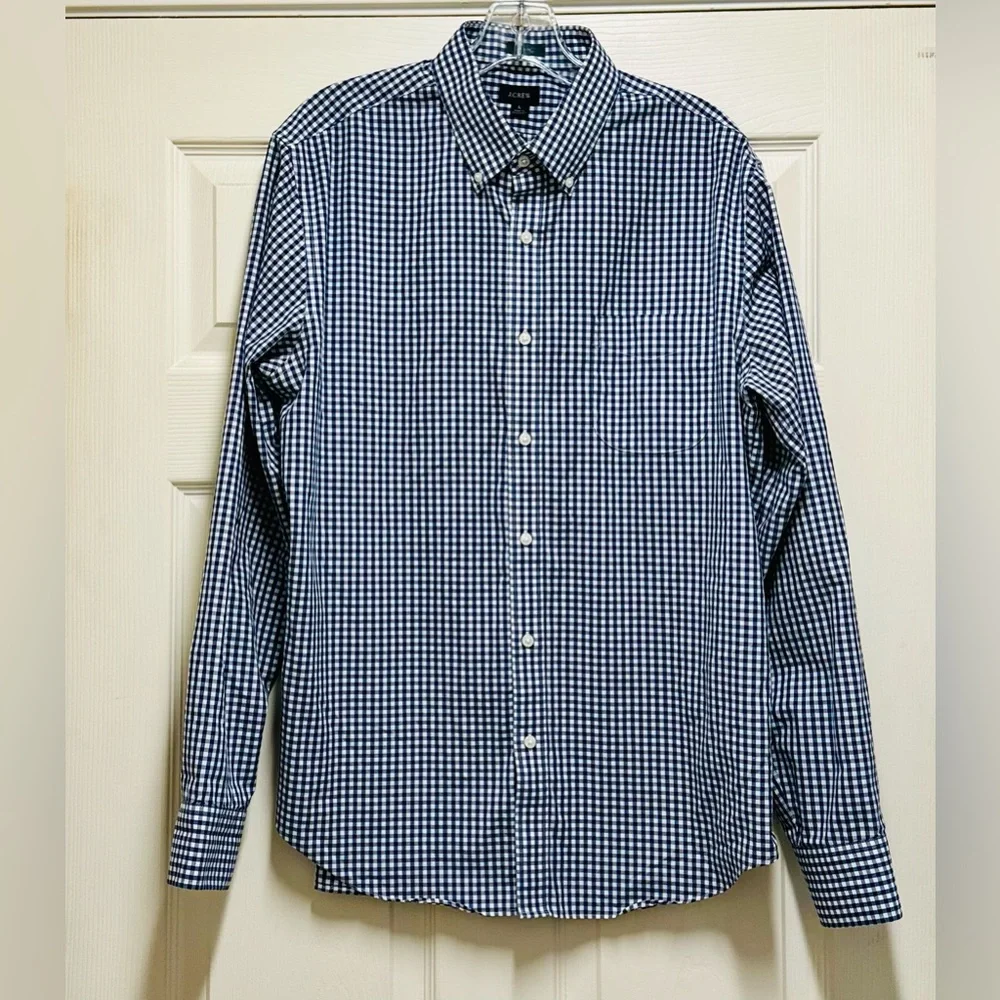 J. Crew Men’s Size Large Slim Fit Navy and White Gingham Button Down Long Shirt - Picture 3 of 9